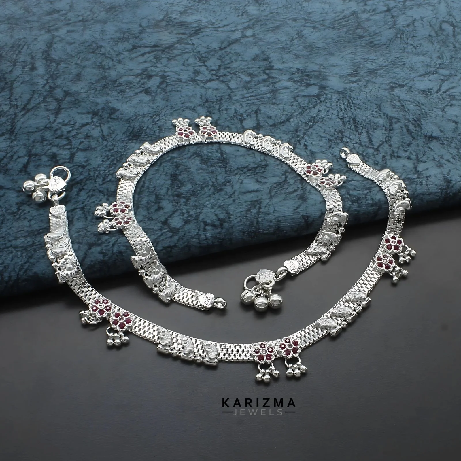 Real Sterling Silver Indian women Pink CZ party style Anklet Ankle Pair 10.3"