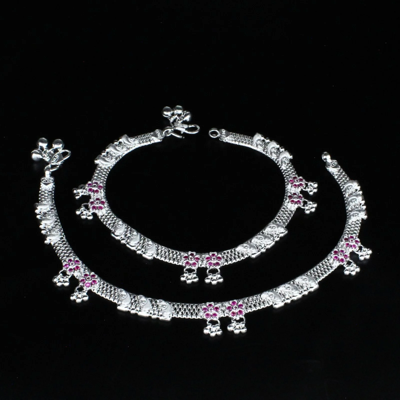 Real Sterling Silver Indian women Pink CZ party style Anklet Ankle Pair 10.3" - Image 3