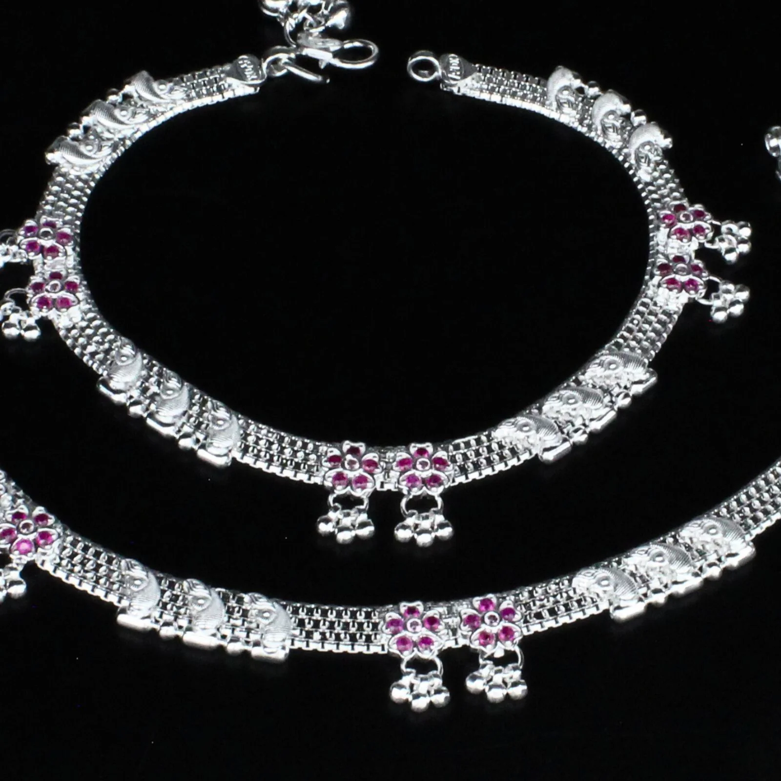 Real Sterling Silver Indian women Pink CZ party style Anklet Ankle Pair 10.3" - Image 4
