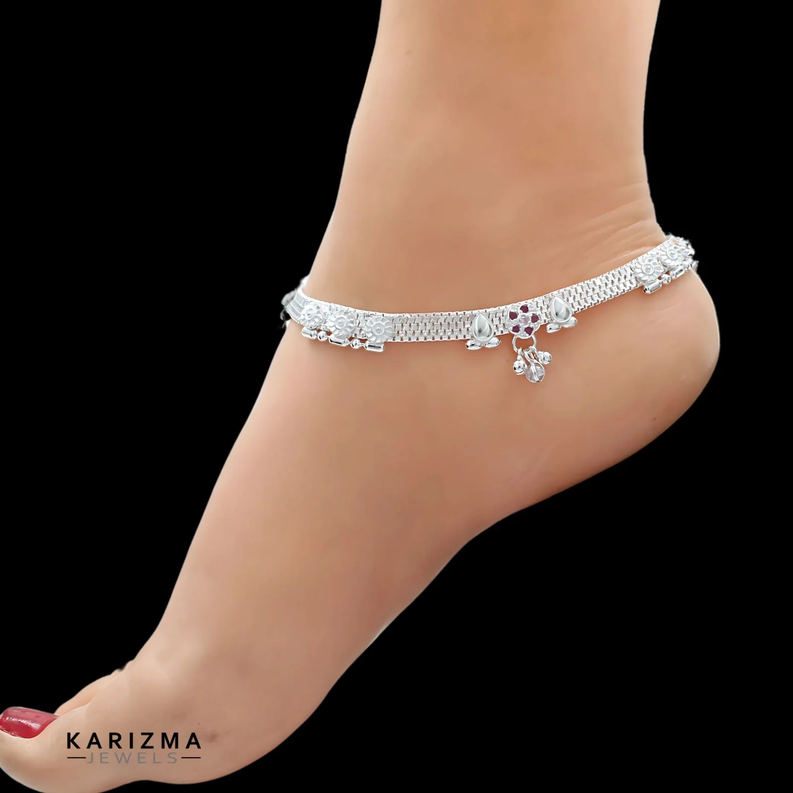 Real Sterling Silver Indian women Pink CZ wedding Anklet Ankle Bracelet 10.3" - Image 2