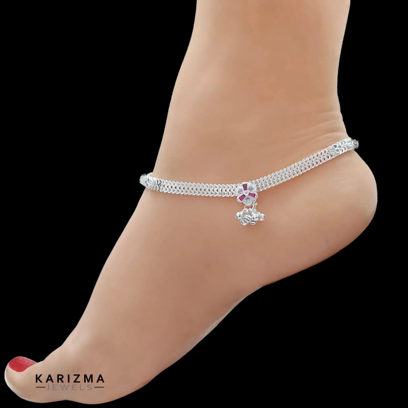 Real Sterling Silver Indian women Pink White CZ handmade Anklet Ankle Bracelet 10.2" - Image 2
