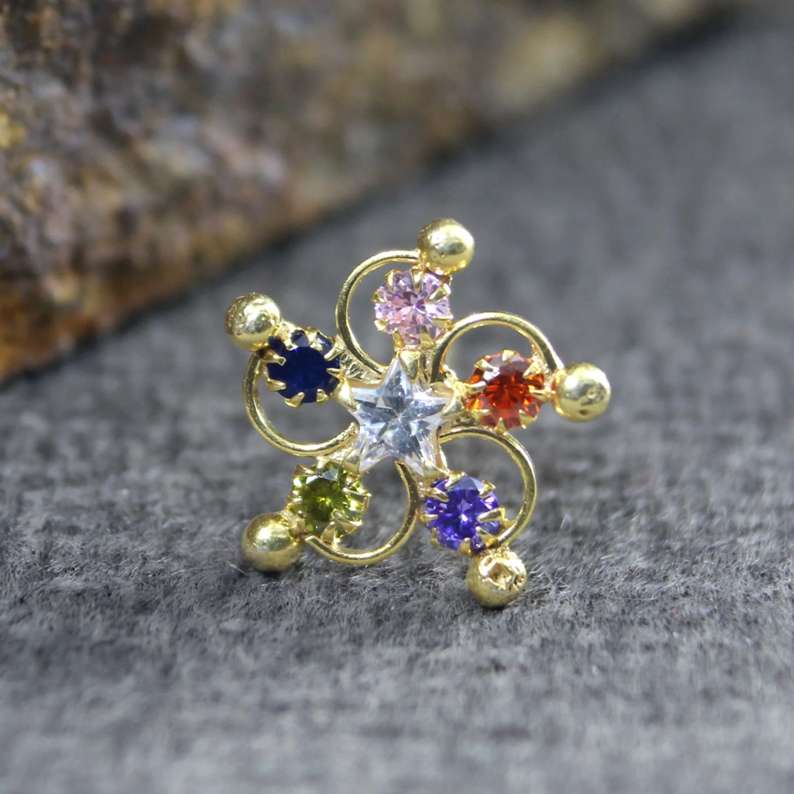 Multi-stone Gold Finish Silver Nose Stud