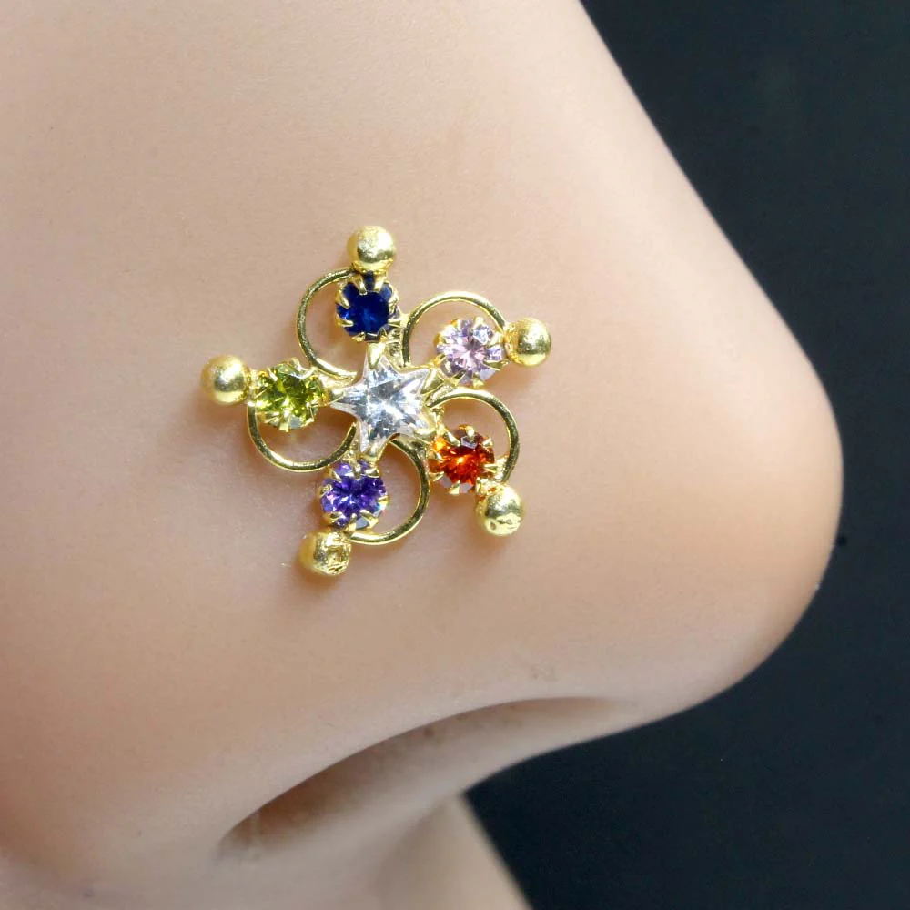 Multi-stone Gold Finish Silver Nose Stud - Image 2