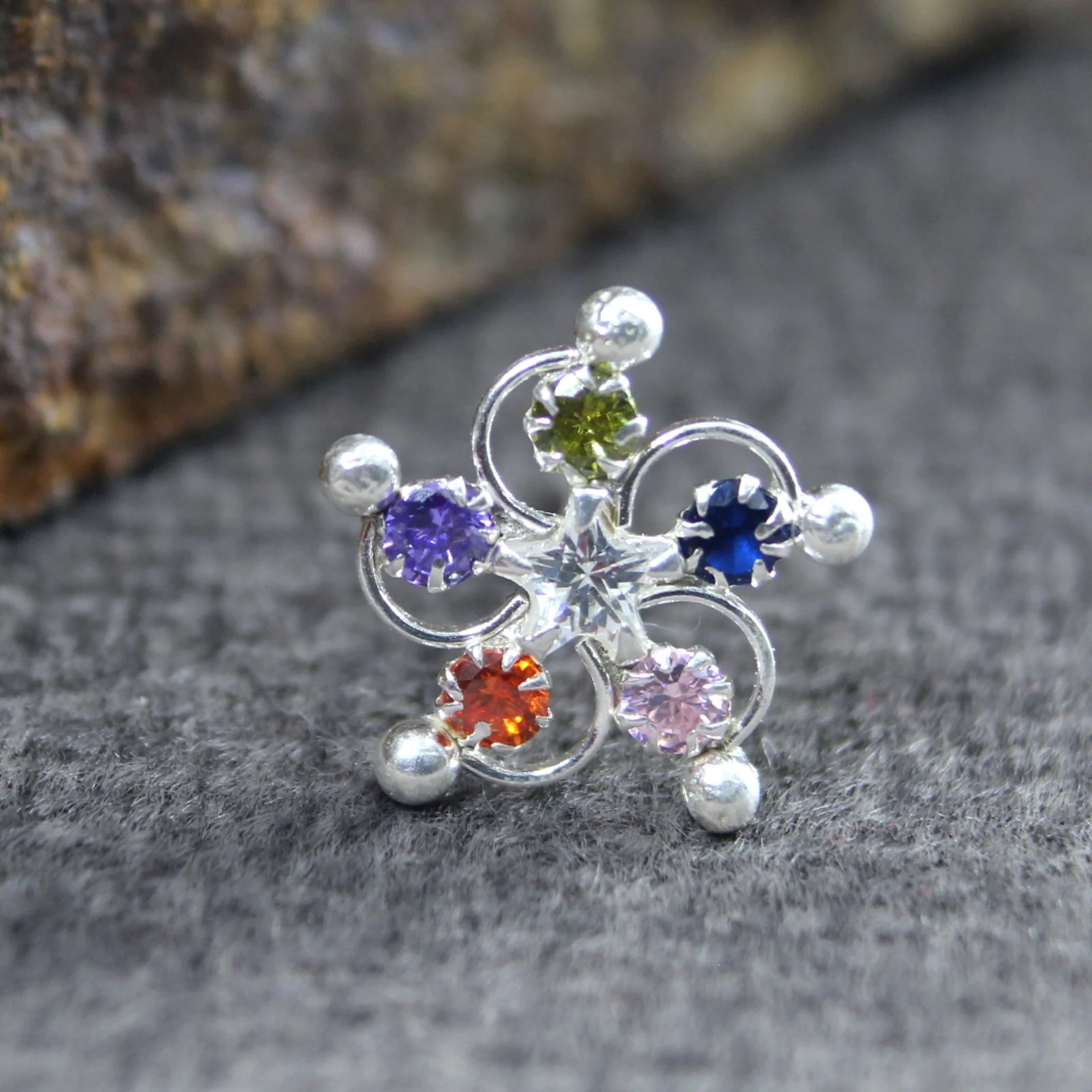Multi-stone Gold Finish Silver Nose Stud - Image 5