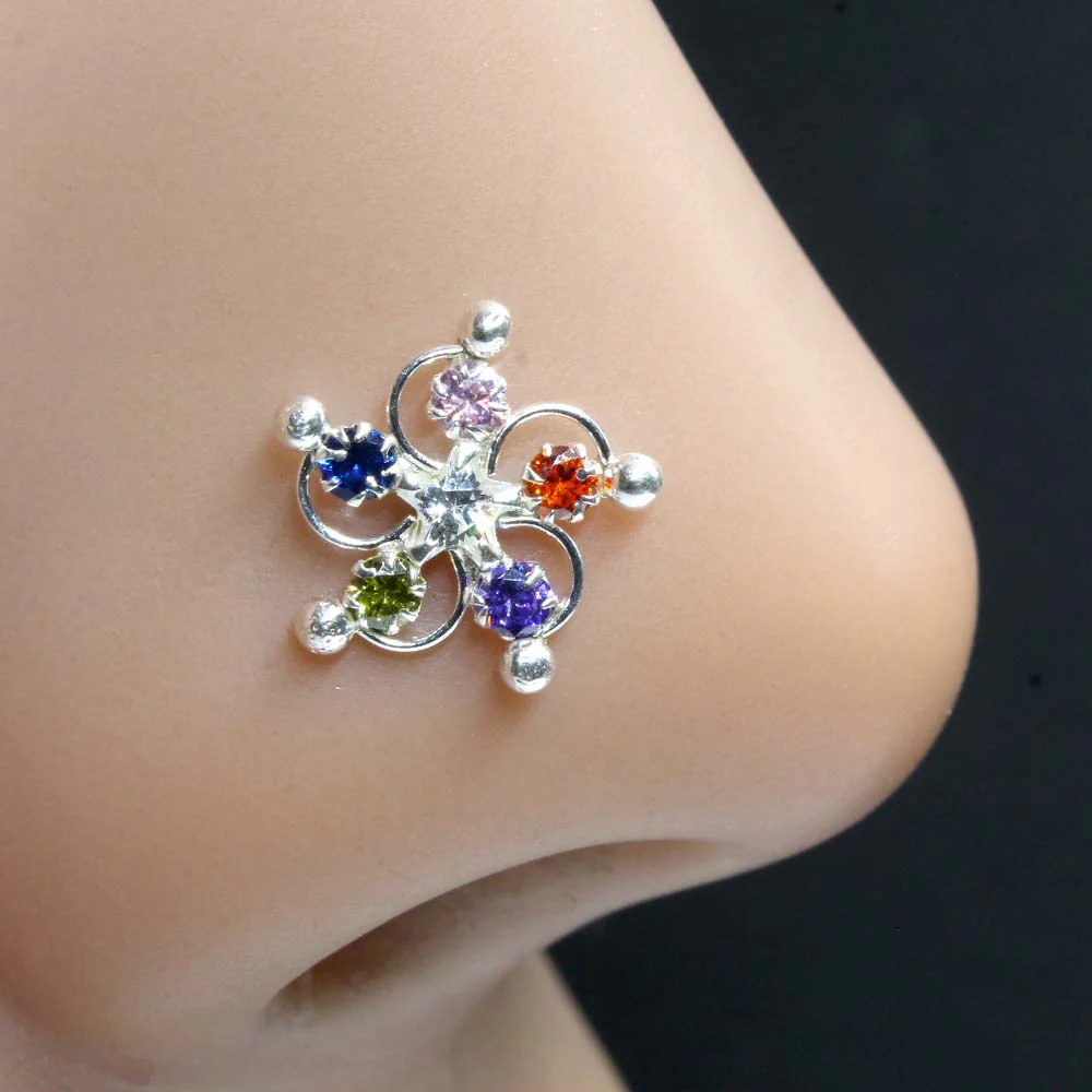 Multi-stone Gold Finish Silver Nose Stud - Image 6