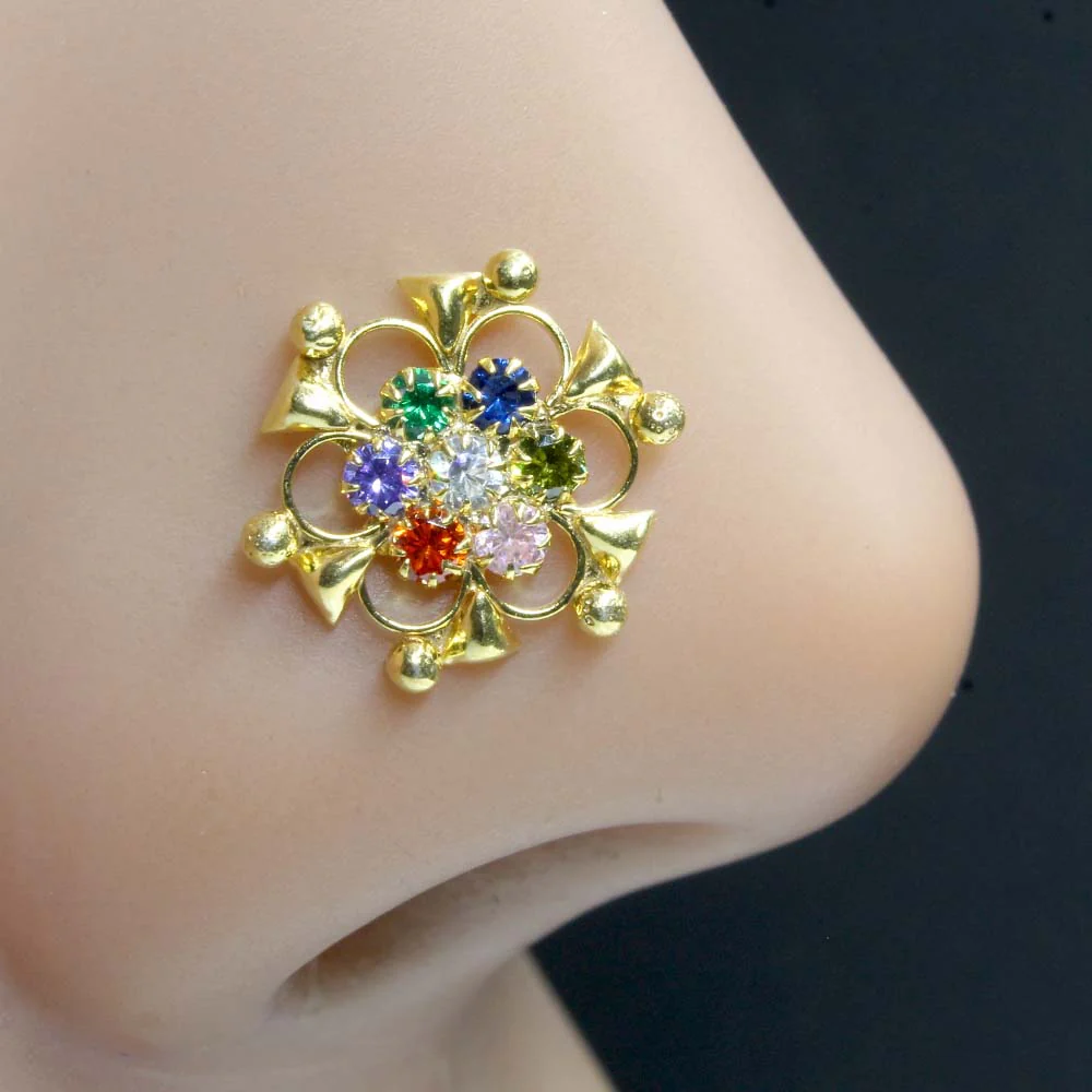 Flower Shaped Multi CZ Silver Nose Pin - Image 2