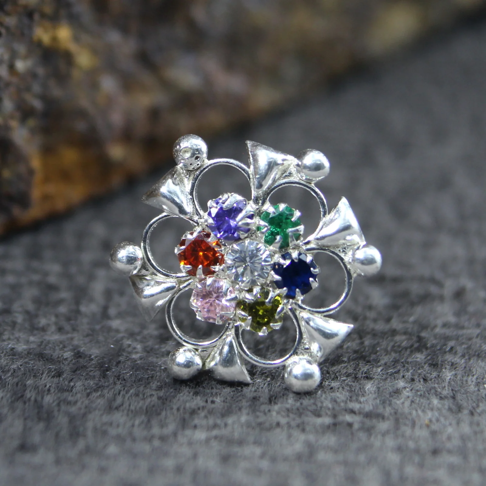 Flower Shaped Multi CZ Silver Nose Pin - Image 5