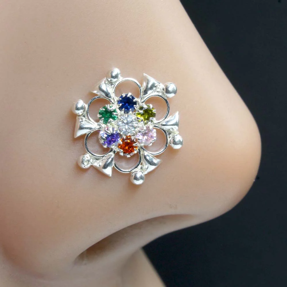 Flower Shaped Multi CZ Silver Nose Pin - Image 6