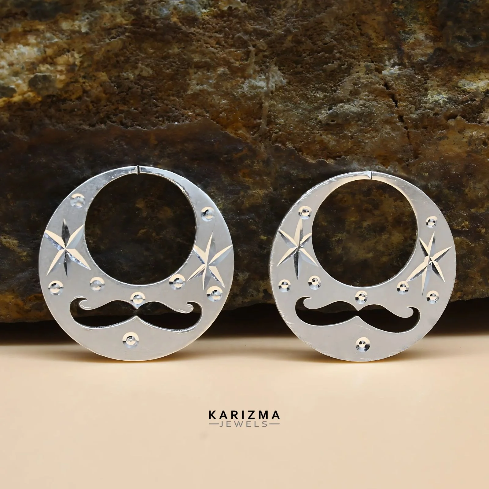 Real Sterling Silver Round stylish Moon Shaped MOUSTACHE Nattiyan (Nanti) earring for Men