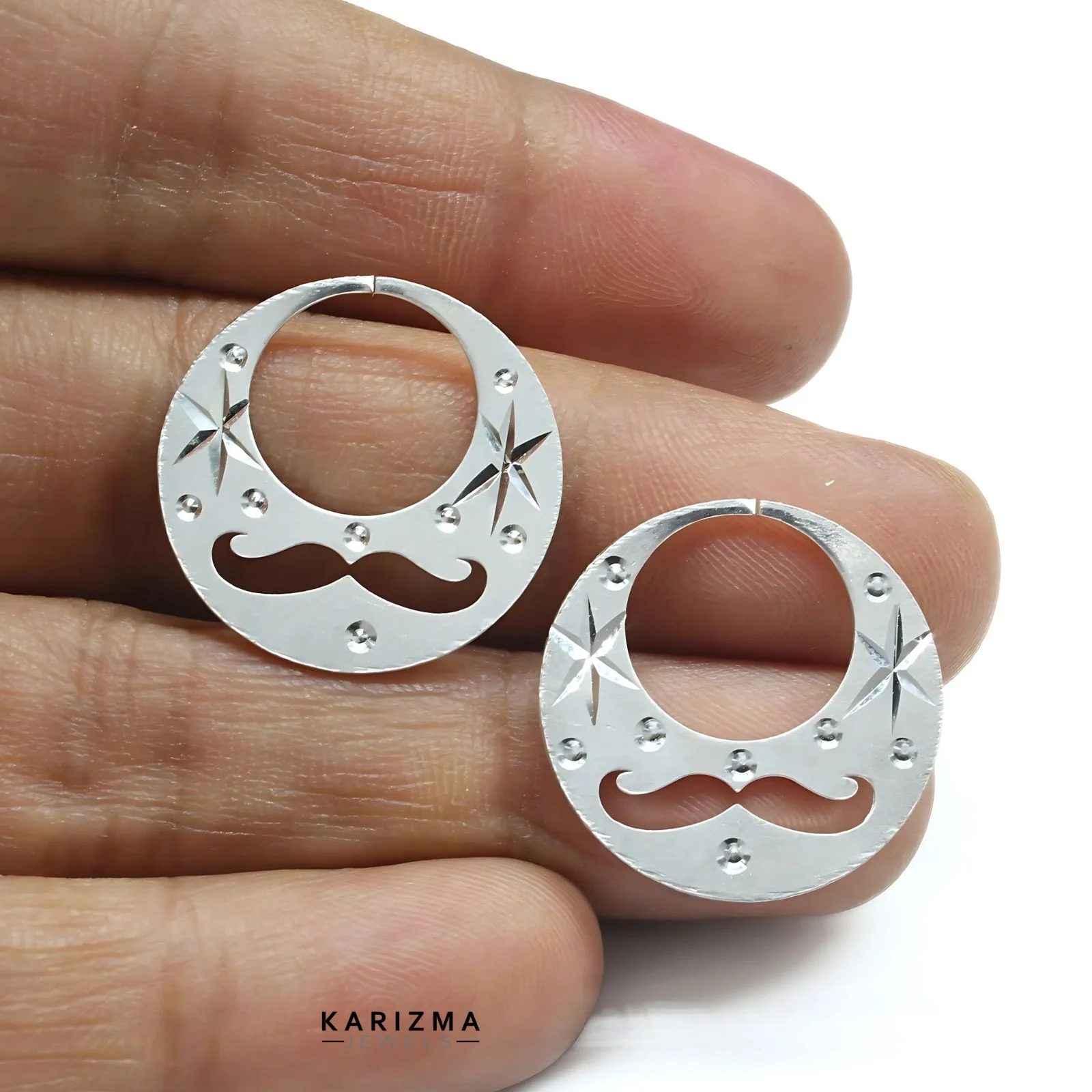 Real Sterling Silver Round stylish Moon Shaped MOUSTACHE Nattiyan (Nanti) earring for Men - Image 6