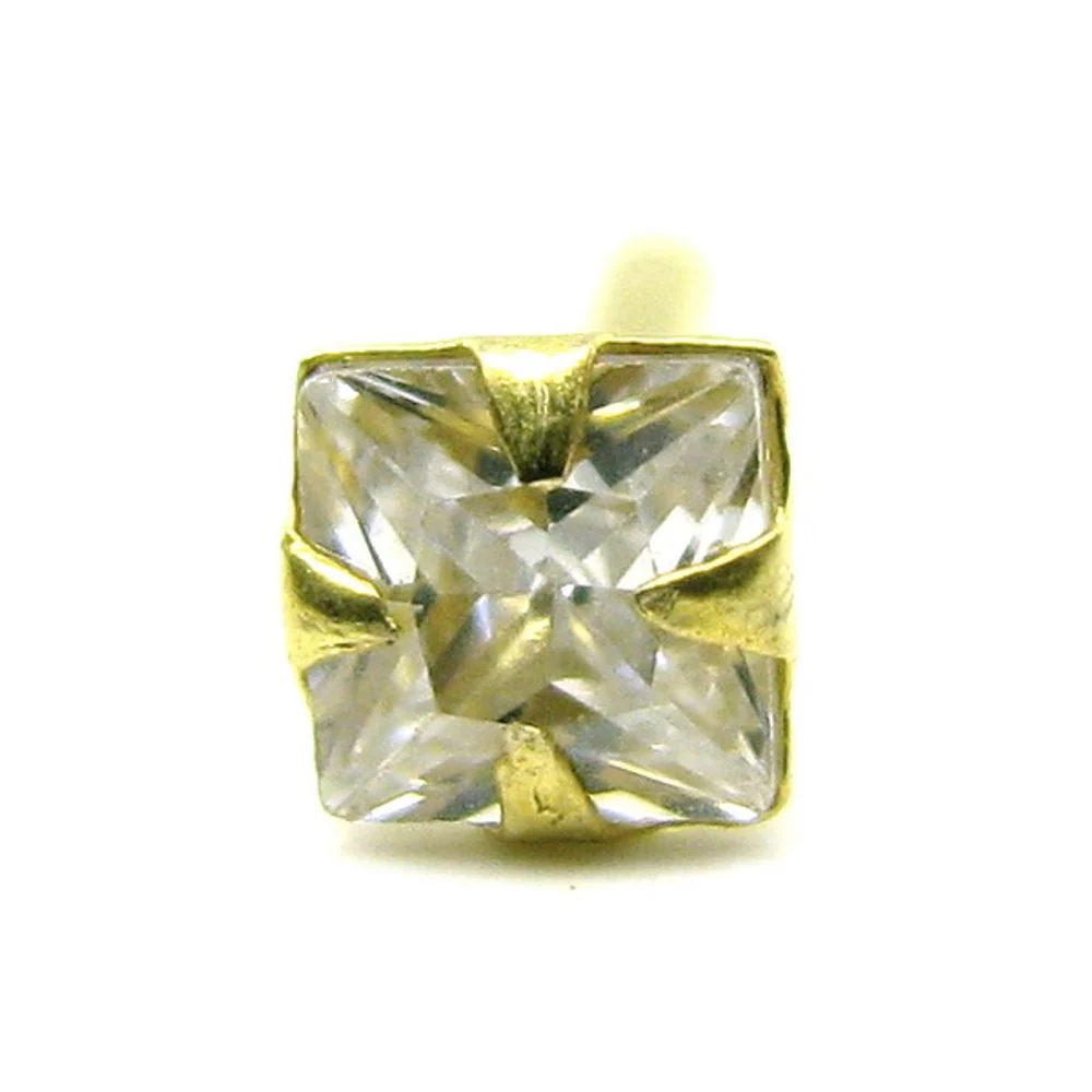 Single Stone White CZ Body Piercing Nose Stud push Pin Solid 14k Yellow Gold