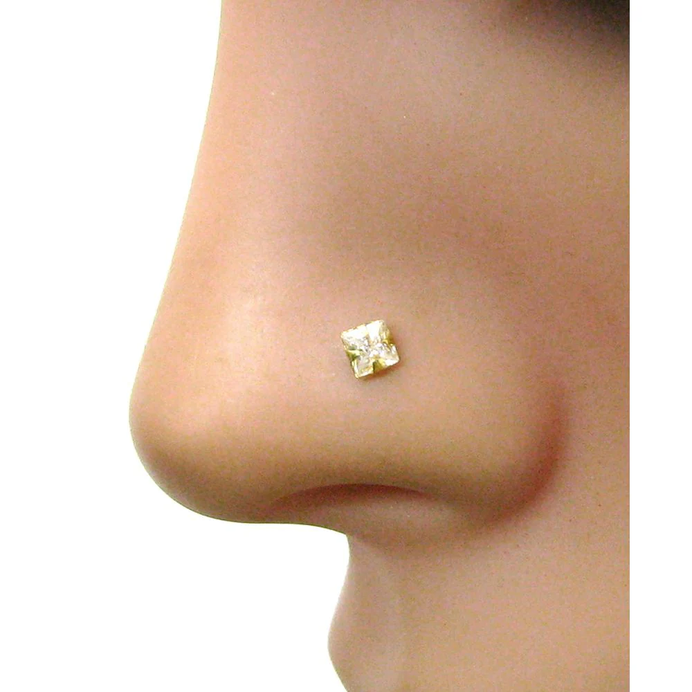 Single Stone White CZ Body Piercing Nose Stud push Pin Solid 14k Yellow Gold - Image 2