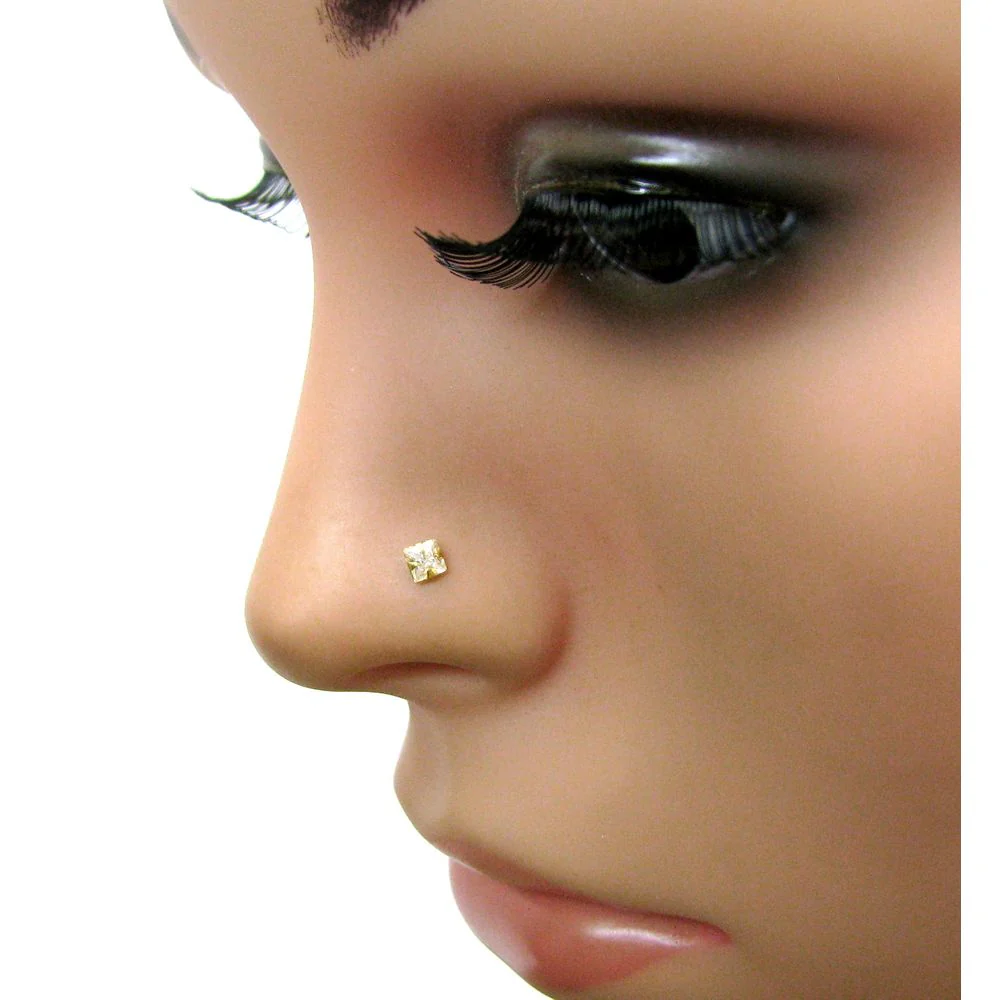 Single Stone White CZ Body Piercing Nose Stud push Pin Solid 14k Yellow Gold - Image 3