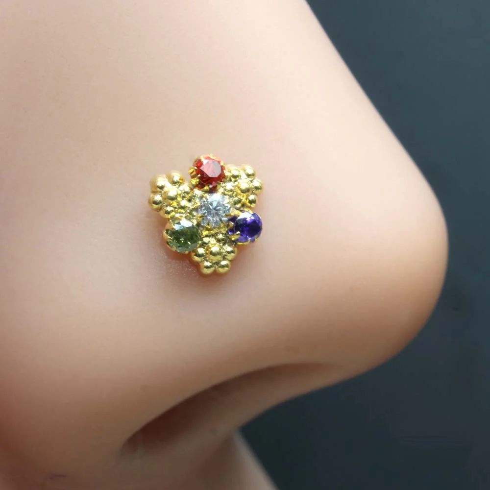 Small gold plated beads CZ nose pin