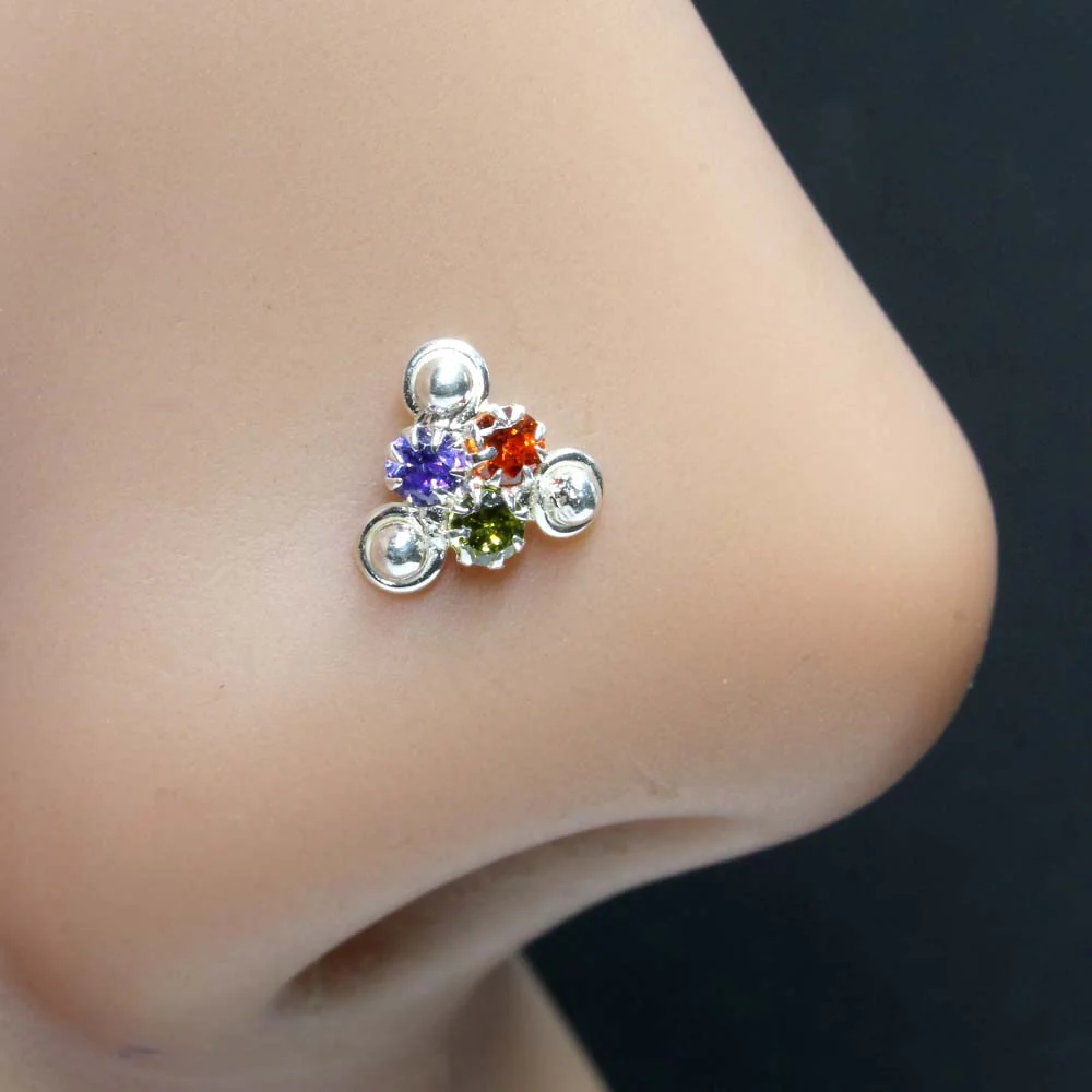 3 Stone Triangle Silver Nickel-Free Nose Pin - Image 6