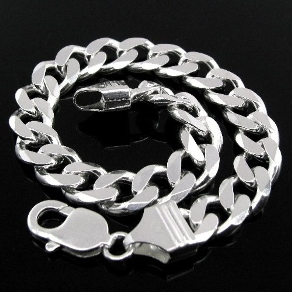 SOLID CURB LINK MEN'S BRACELET .925 STERLING SILVER - Image 2