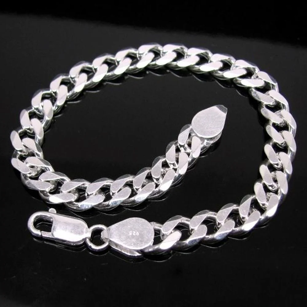 Solid Genuine 925 Sterling Silver Curb Link Chain Men's Bracelet Man Jewelry