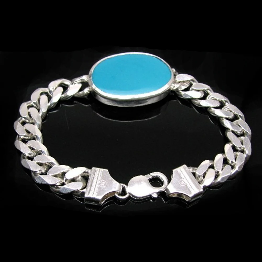 Solid Genuine .925 Sterling Silver Curb Link Chain Men's Bracelet Turquoise