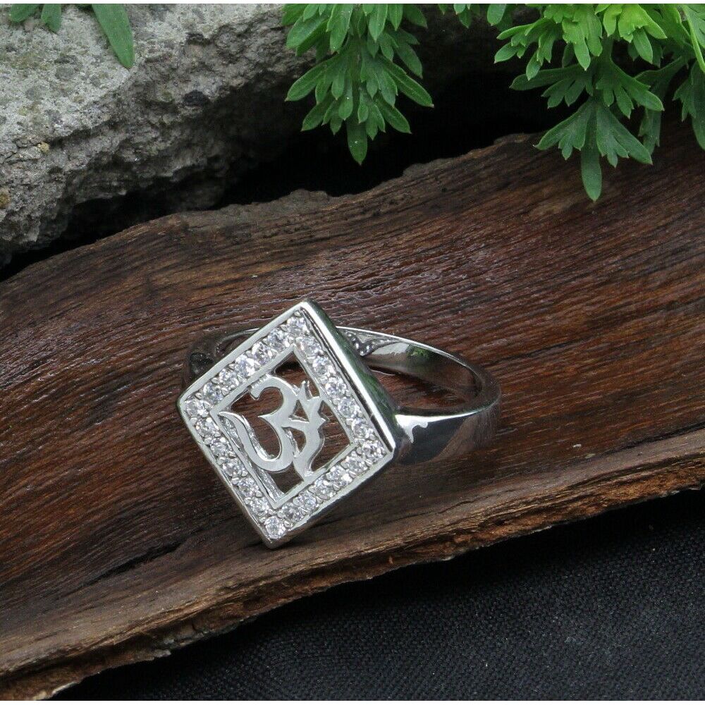 Sparkling CZ Studded OM Silver Ring for Men & Women