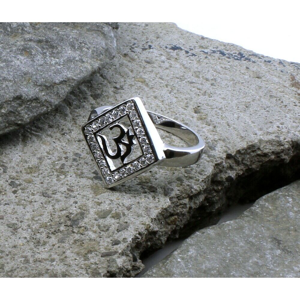 Sparkling CZ Studded OM Silver Ring for Men & Women - Image 3