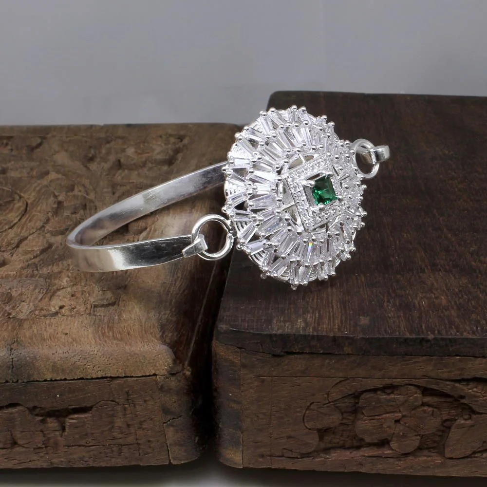 Sterling Silver Green White CZ Women Openable Bracelet 5.7 CM Anniversary Gift