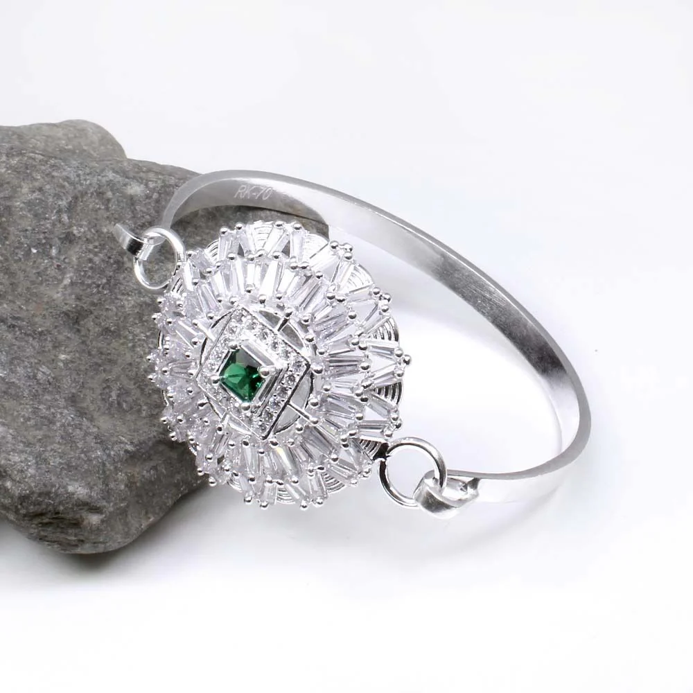 Sterling Silver Green White CZ Women Openable Bracelet 5.7 CM Anniversary Gift - Image 3