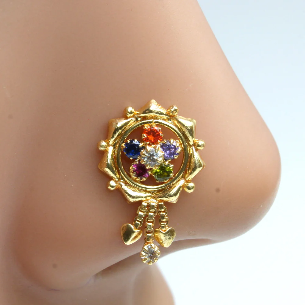 Sunburst design drop chains nose pin