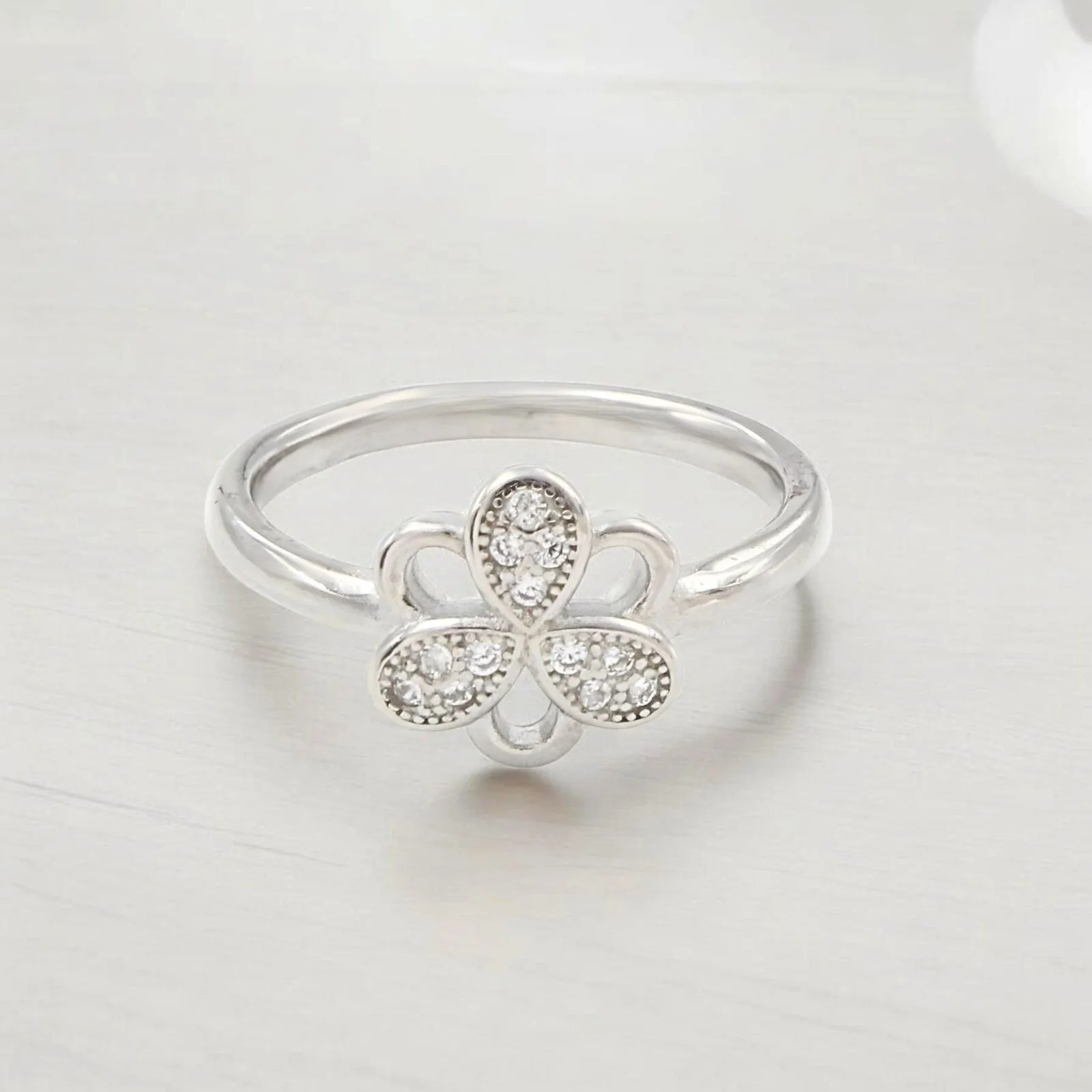 Timeless Floral 925 Real Silver White CZ Clover Ring - Image 2