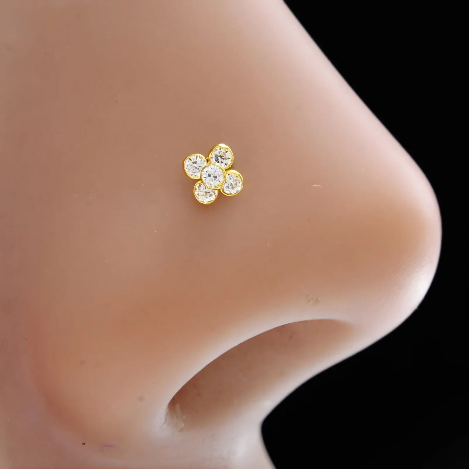 Tiny 18K Real Gold White CZ Nose stud nose ring Push Pin