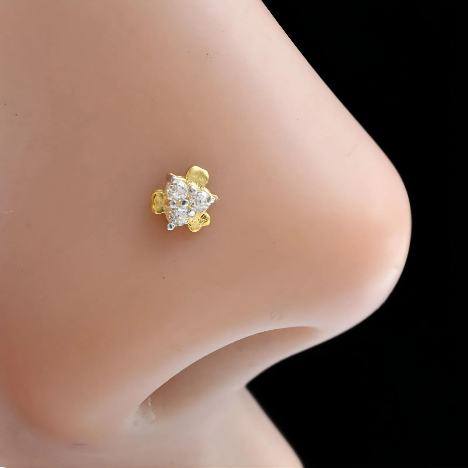 Tiny 18K Real Gold White CZ Nose stud nose ring Push Pin