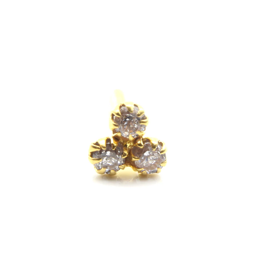 Tiny 3 Stone Real Gold 14K Nose stud White CZ Indian Style nose ring Push Pin - Image 2