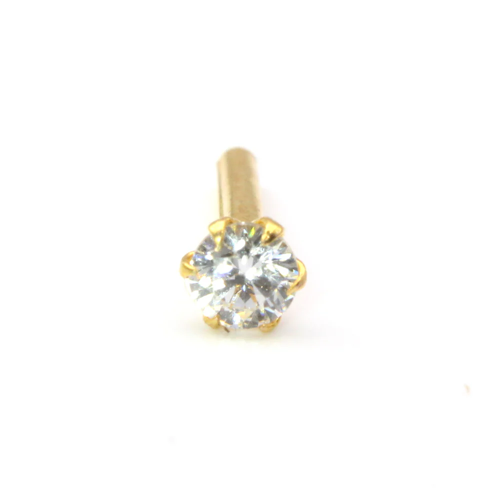 Tiny Indian White CZ Nose Stud Nose Pin Solid 14k Yellow Gold - Image 2