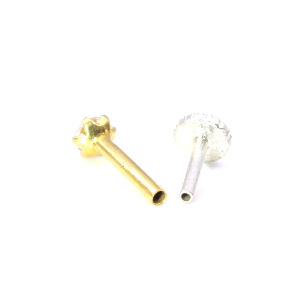 Tiny Indian White CZ Nose Stud Nose Pin Solid 14k Yellow Gold - Image 3