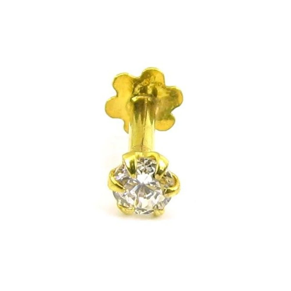 Tiny Precious White CZ Piercing Nose Stud Pin Solid Real 14k Yellow Gold Screw Back