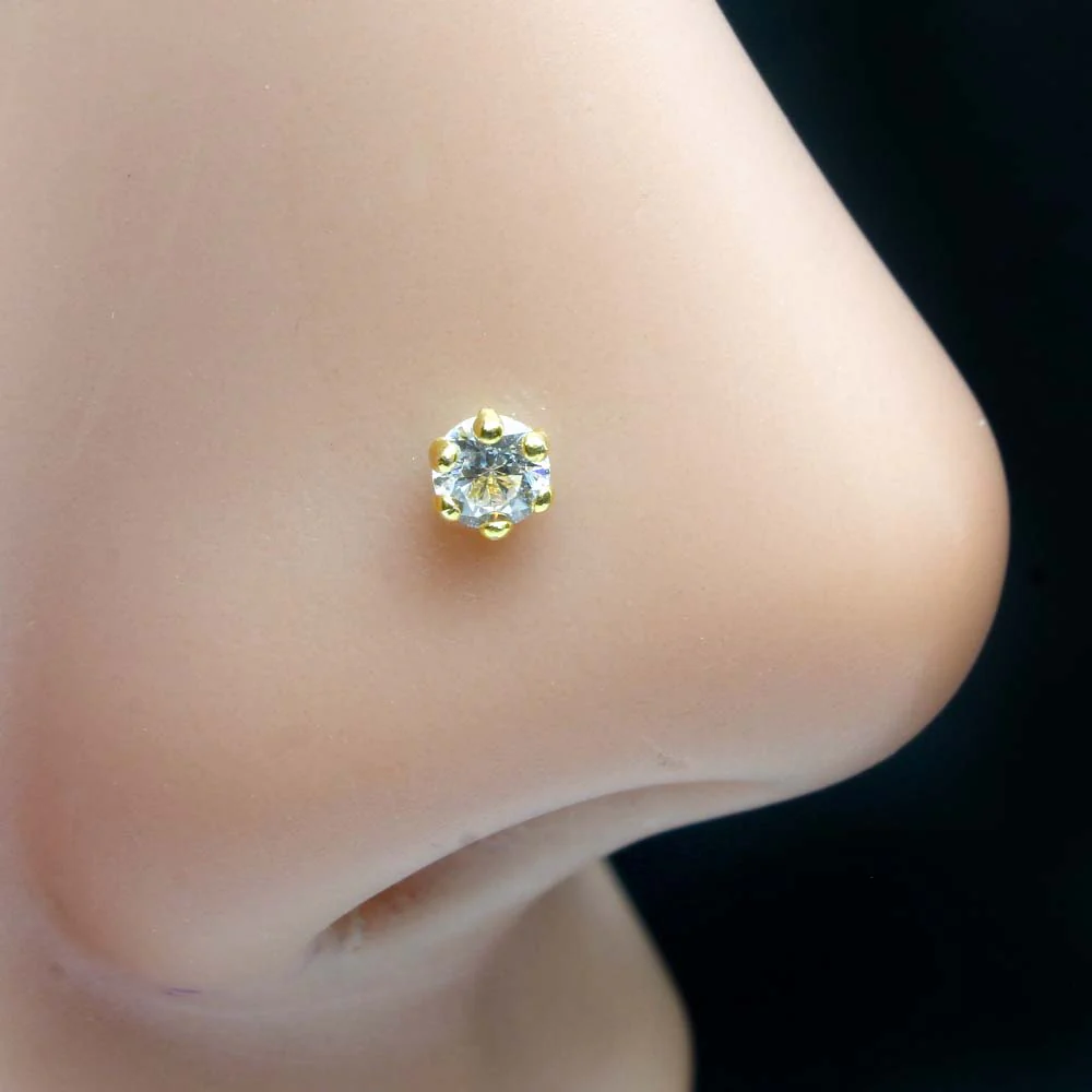 Tiny Precious White CZ Piercing Nose Stud Pin Solid Real 14k Yellow Gold Screw Back - Image 2