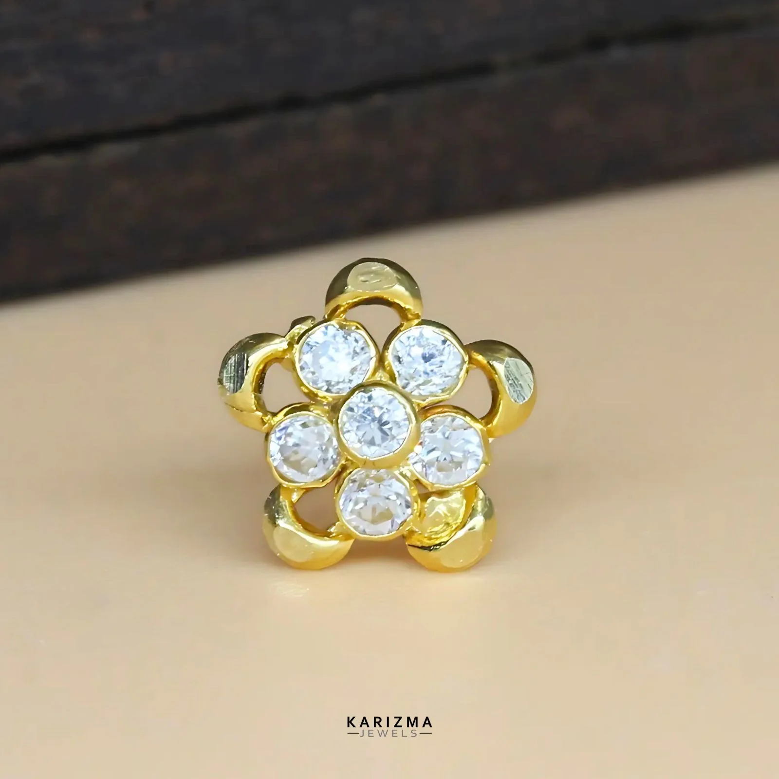 Traditional 18K Real Gold Indian Women White CZ floral Nose stud nose ring Push Pin
