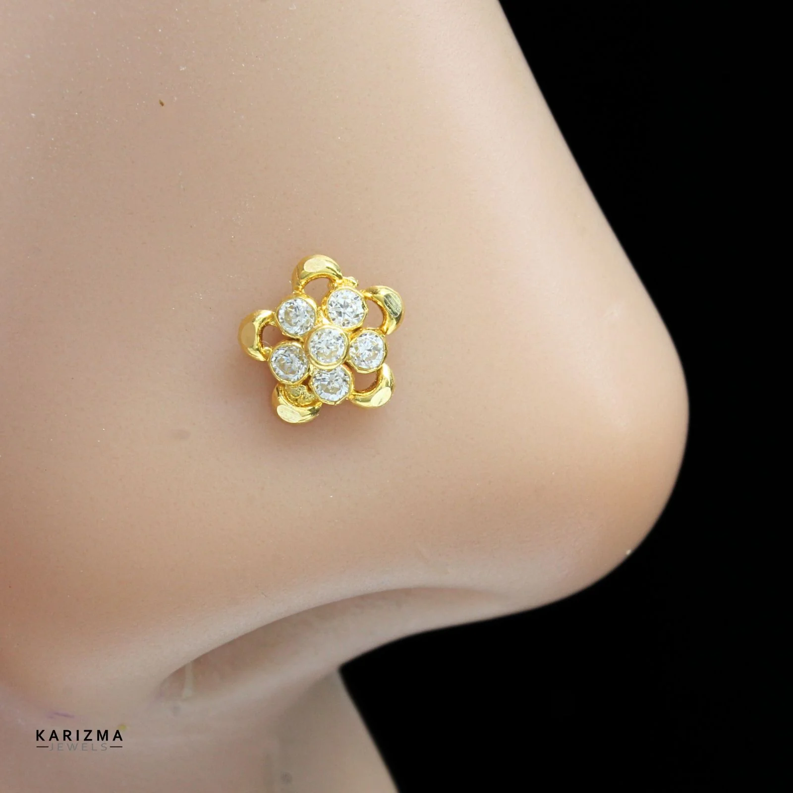 Traditional 18K Real Gold Indian Women White CZ floral Nose stud nose ring Push Pin - Image 2