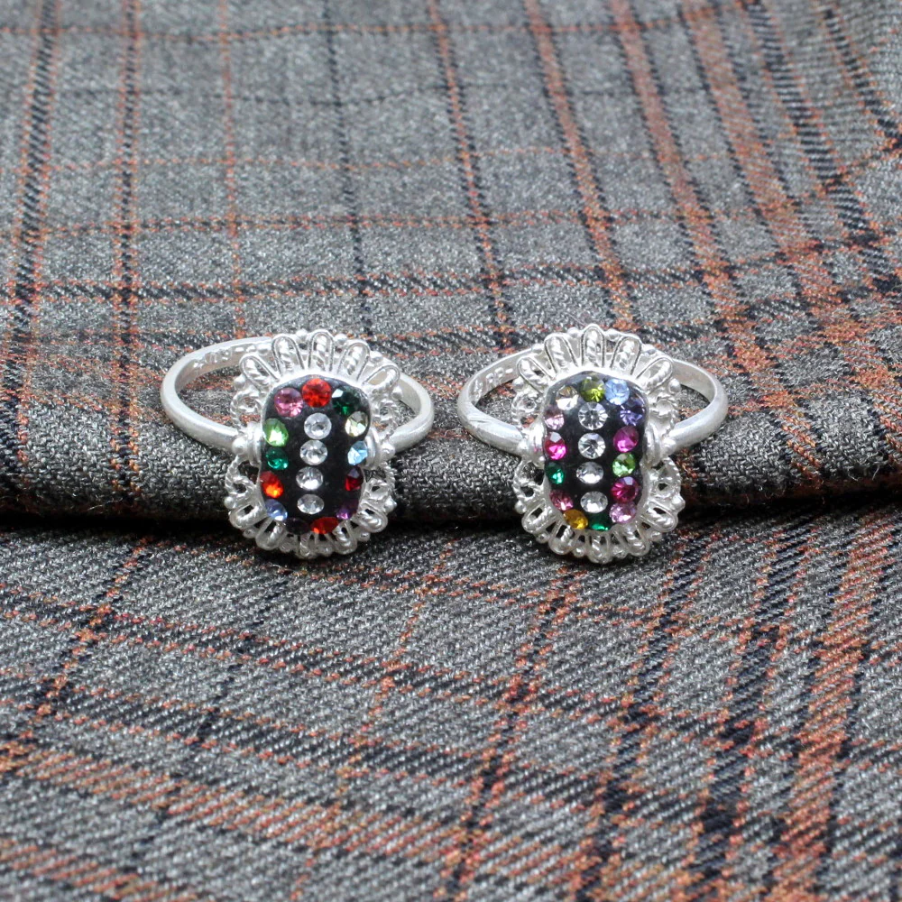 Traditional Indian Handmade Crystal Enamel Toe Rings Pair Real Solid Silver - Image 2