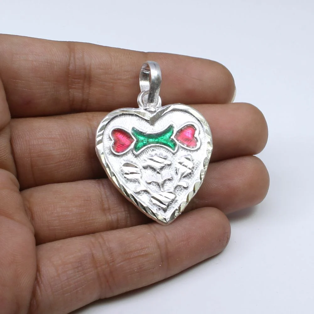 Traditional Indian heart shape designer enamel sterling silver pendant for women - Image 3