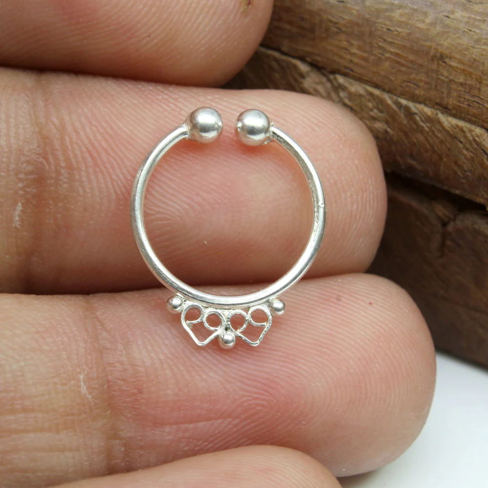 Double Heart Silver Septum Nose Ring - Image 2