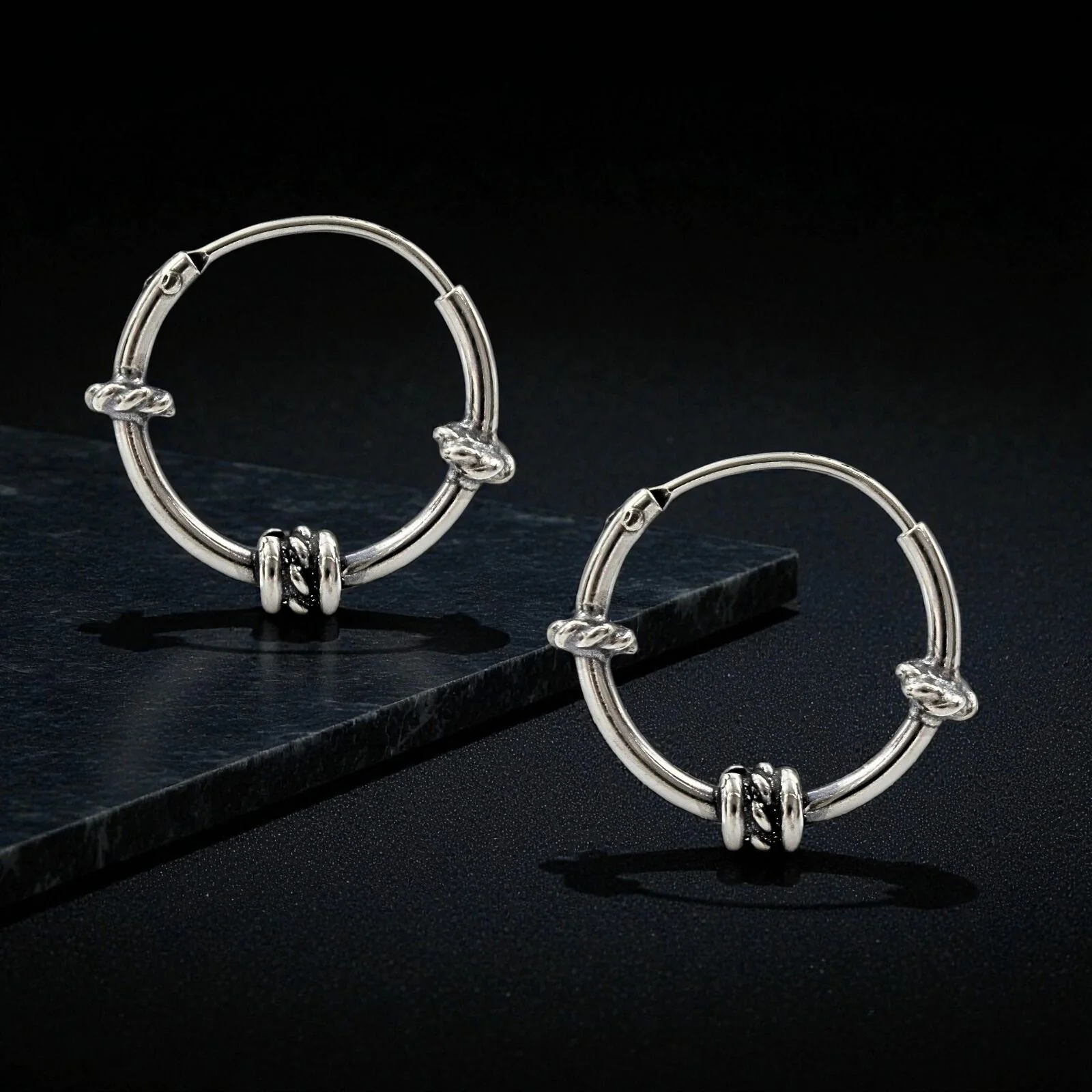 Trendy 925 Real Sterling Silver Oxidized rope design bali hoop earrings for women - Pair