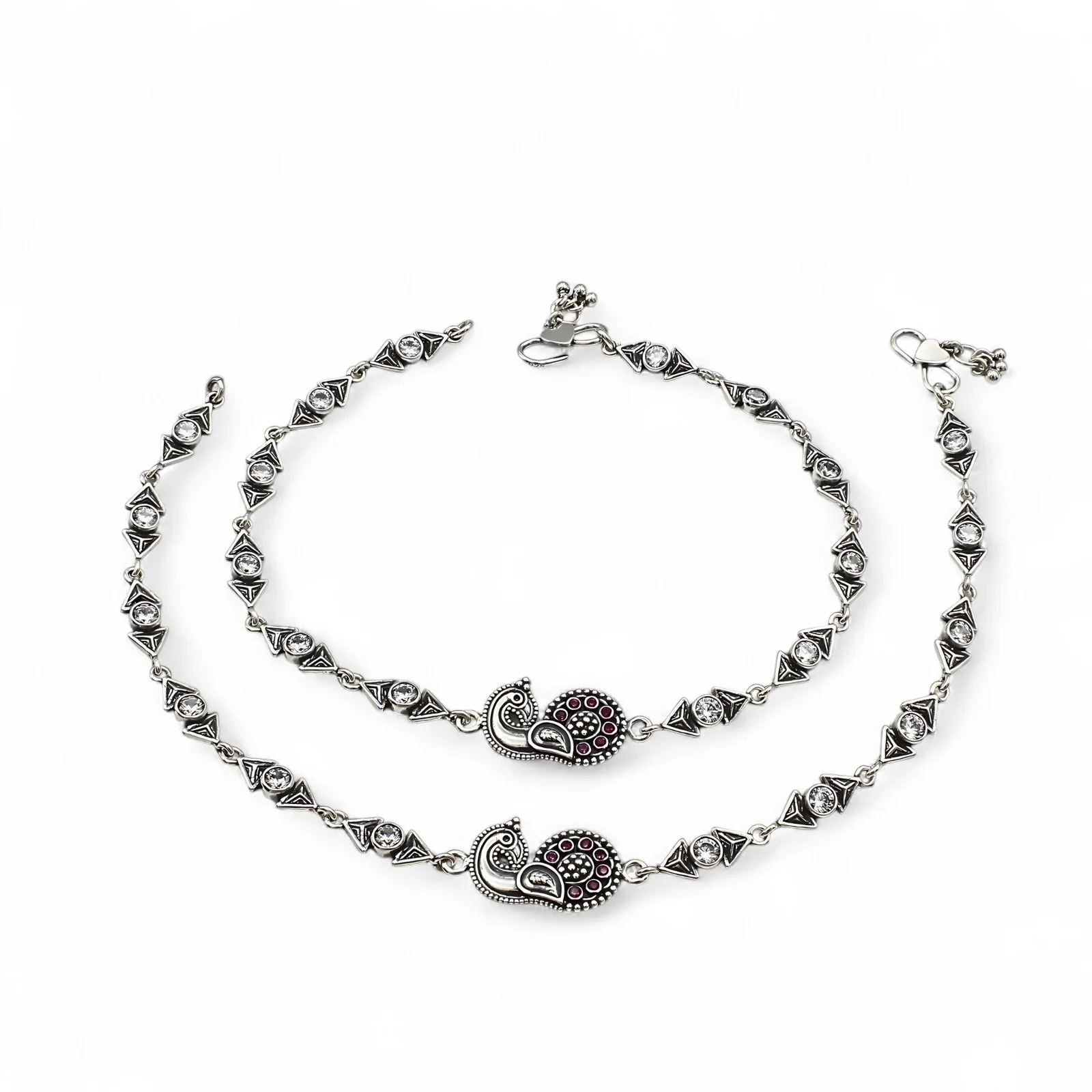 Trendy 925 Sterling Silver Pink White CZ Oxidised Peacock Anklet Pair 10" - Image 3