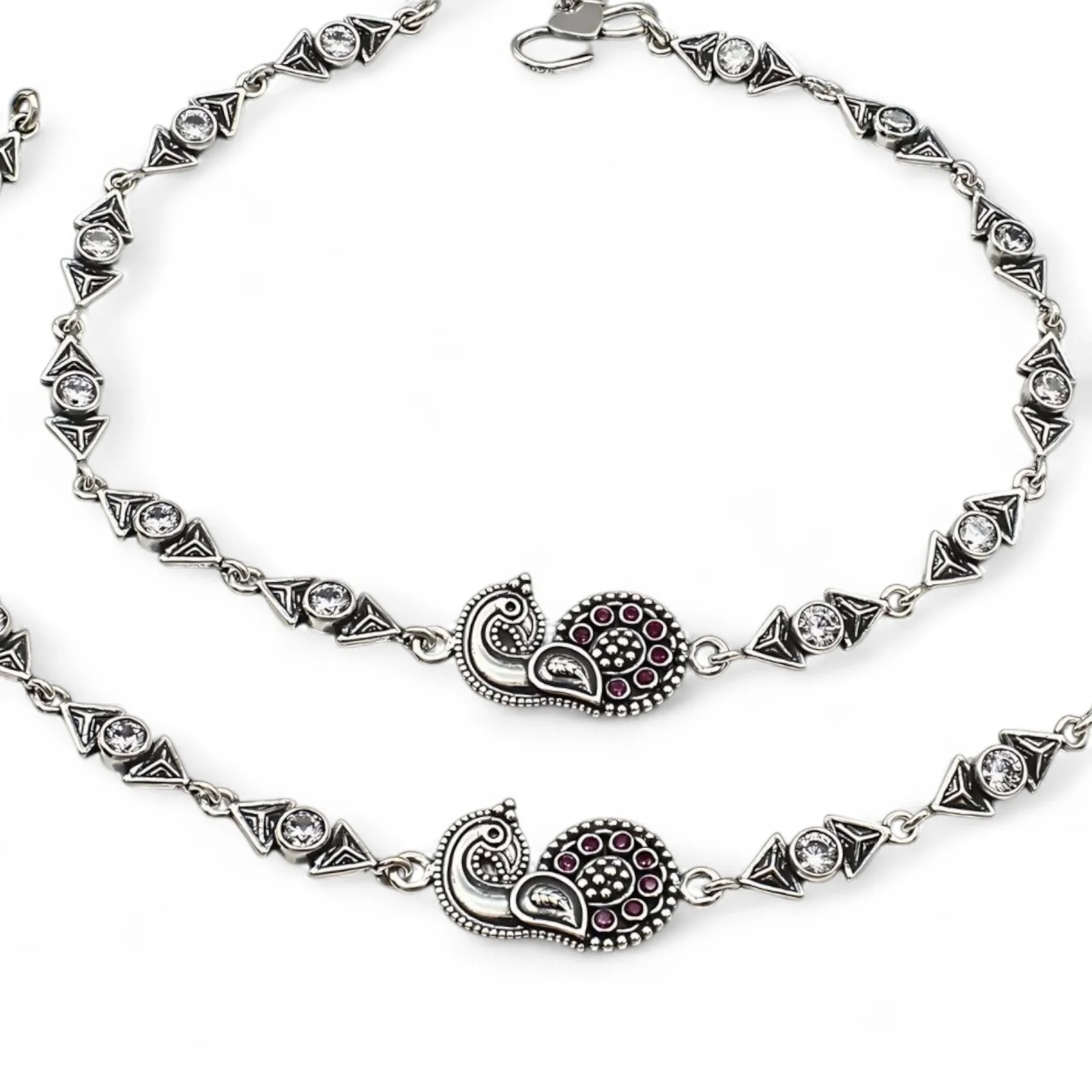 Trendy 925 Sterling Silver Pink White CZ Oxidised Peacock Anklet Pair 10" - Image 4