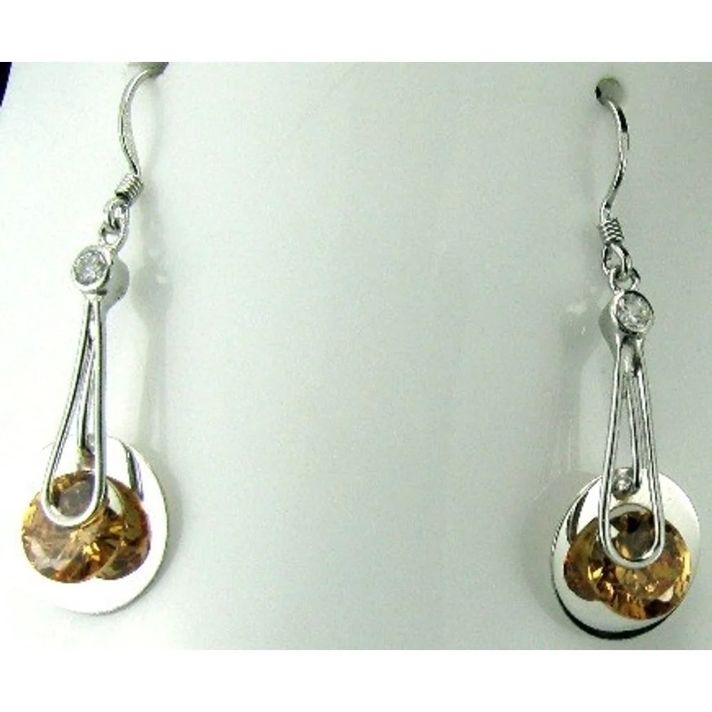 Trendy Fashion Champagne CZ 925 Sterling Silver Dangle Earrings Platinum Tone - Image 2