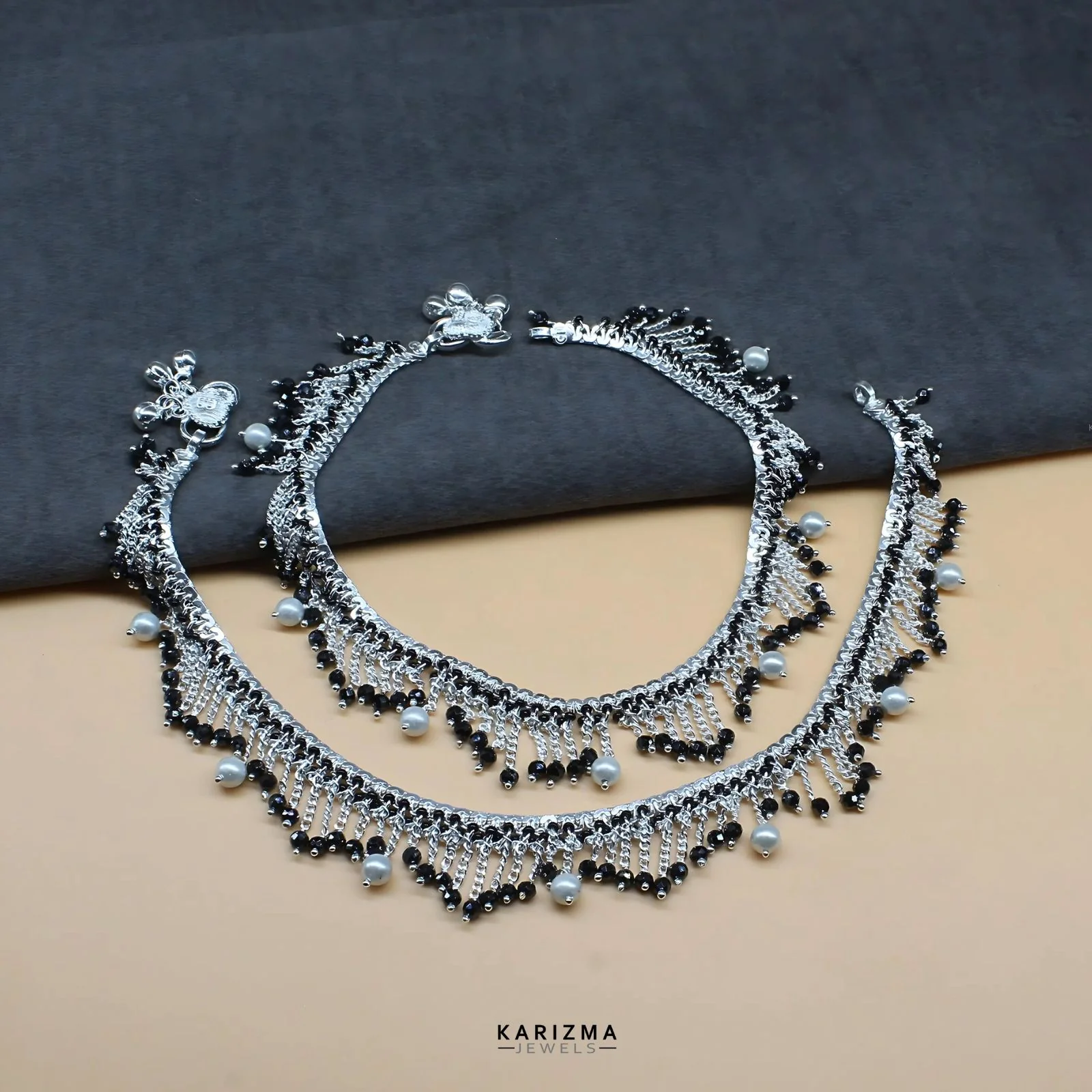 Trendy style Real Silver Black Beads with Pearl Indian women jhallar Anklets Ankle Pair 10.5"