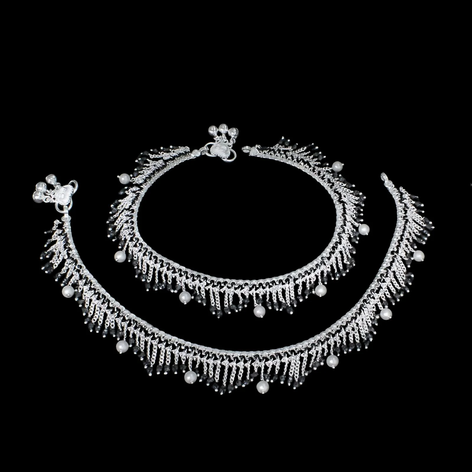 Trendy style Real Silver Black Beads with Pearl Indian women jhallar Anklets Ankle Pair 10.5" - Image 3
