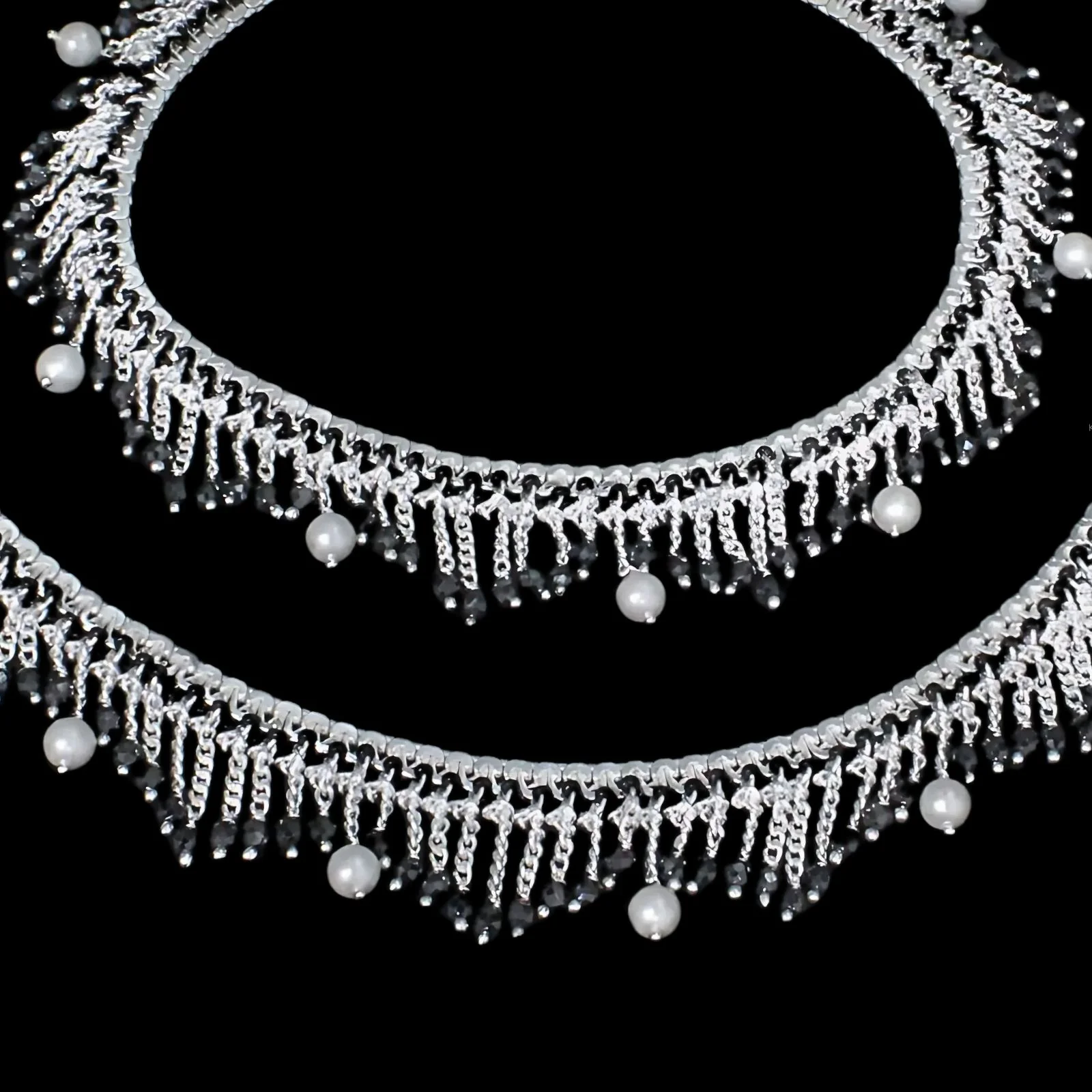 Trendy style Real Silver Black Beads with Pearl Indian women jhallar Anklets Ankle Pair 10.5" - Image 4