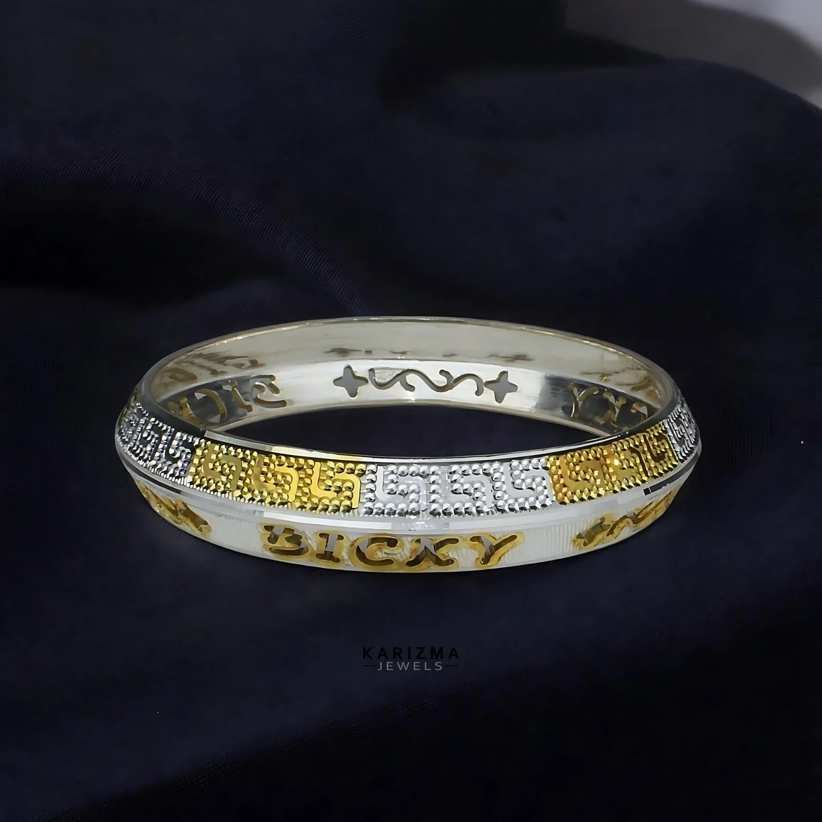 Two tone Indian Designer Customized Name Silver Kada for Men - Image 3