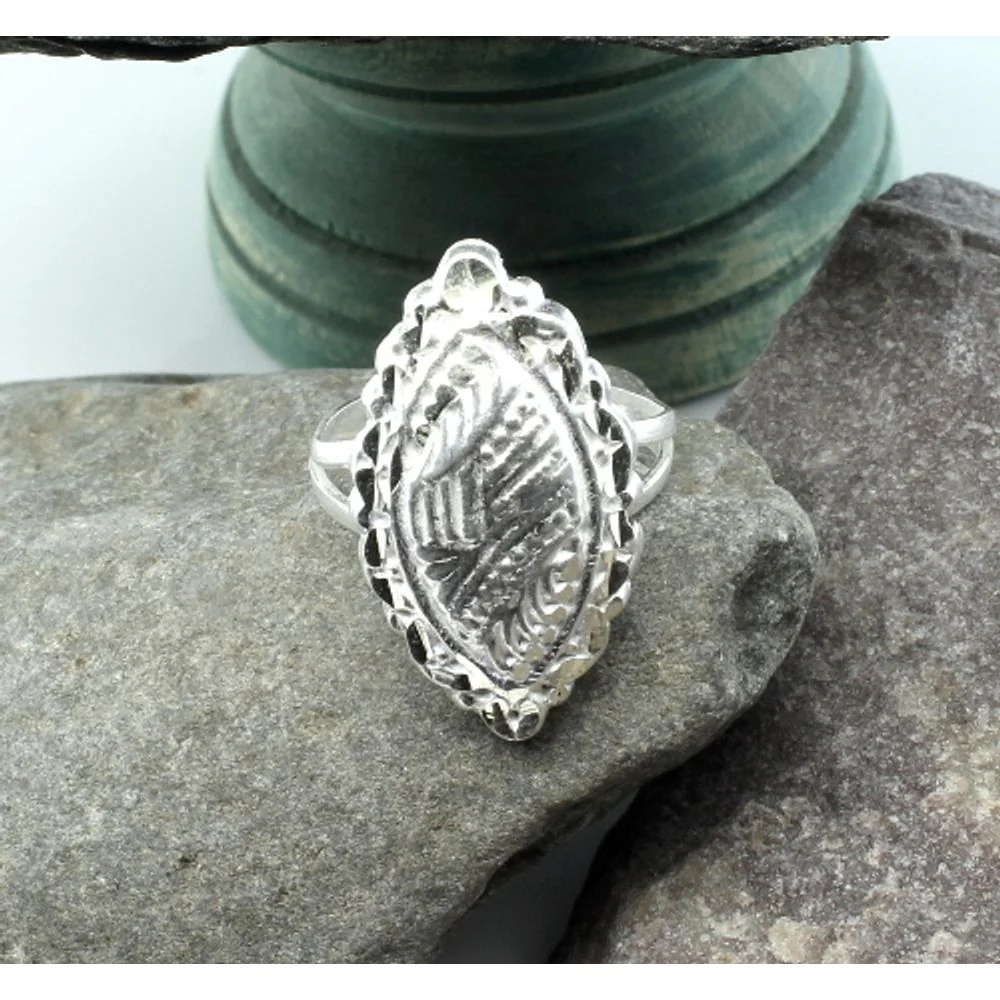 Unique Long Ship Engraved Real Sterling Silver Ring