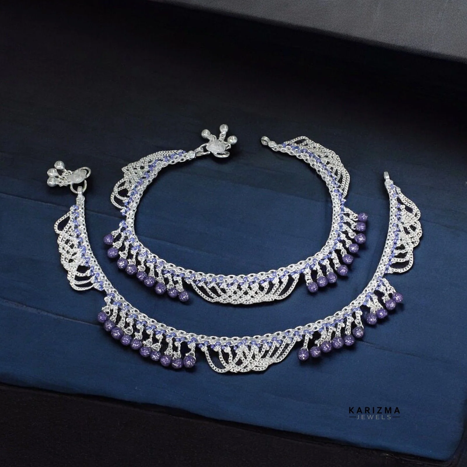 Unique Real Sterling Silver Violet Beads Indian women Jhallar Anklets Ankle Pair 10.5"